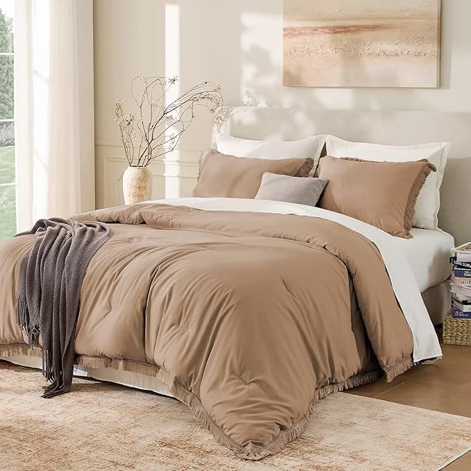 Comfortable Andency Taupe Comforter Set Full Size 3 Pieces Boho Tassel Lightweight Bedding Enhanced