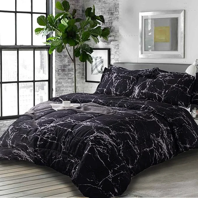 Secure Nanko Comforter Set Queen Size Dark Black Marble Print 88 x 90 inch Reversible Healthy