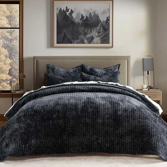 Environmentally Friendly EVERGRACE Velvet Quilt Set Queen Size Luxurious Soft Striped Channel Bedding Verified