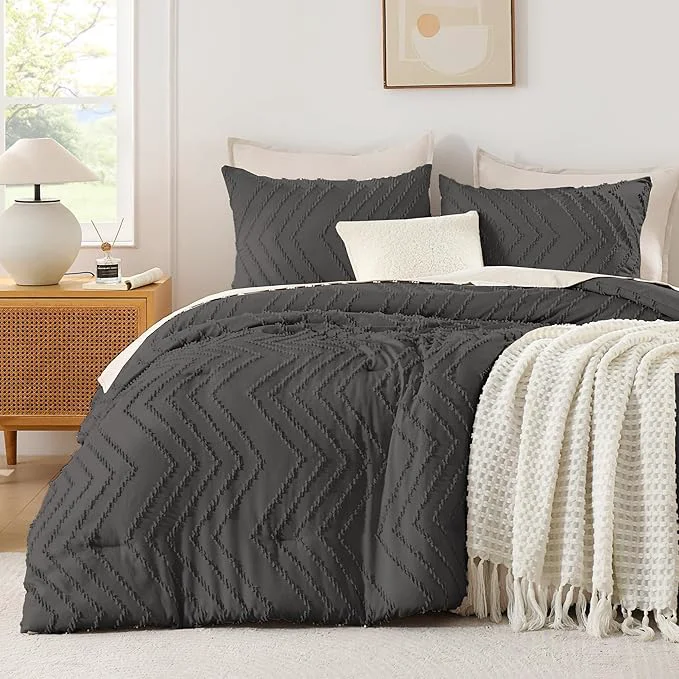 Advanced Andency Dark Grey Comforter Set King Size Boho Soft Warm Tufted Bedding Original Design