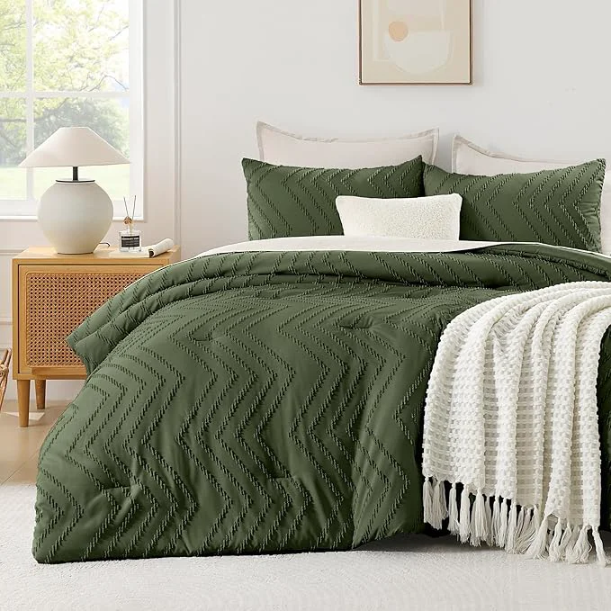 Optimized Andency Olive Green Comforter Set Queen Size Boho Soft Fluffy Warm Lightweight User-Friendly