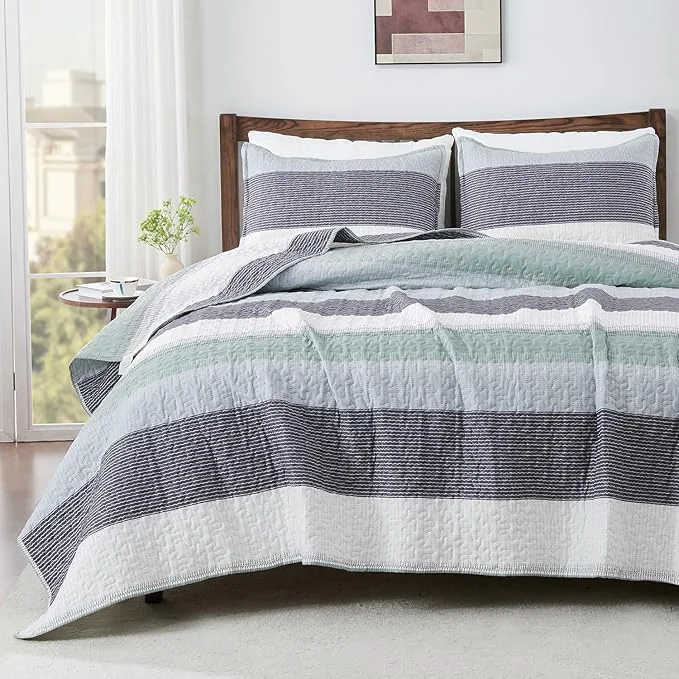 Original Design Andency Oversized Queen Quilt Bedding Set 98x98Inch Sage Green Stripe Detailed