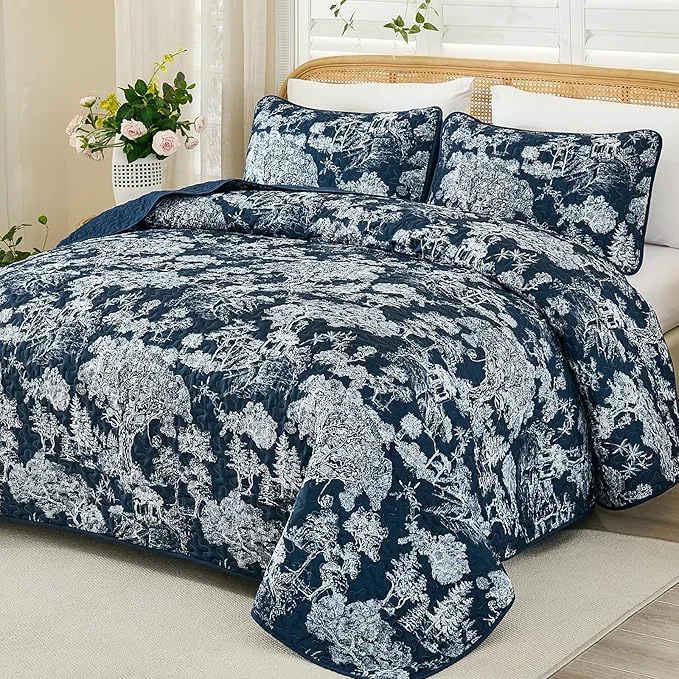 Fine Crafted WONGS BEDDING Quilt Set King Size 3 Pieces Navy Blue Botanical Floral Printed First-Class