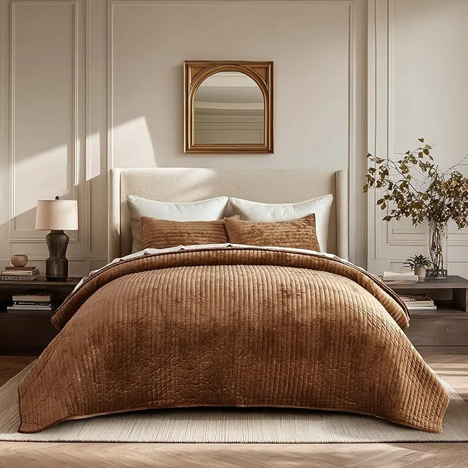 Healthy EVERGRACE Velvet Quilt Set Queen Size Luxurious Soft Striped Channel Bedding Recyclable