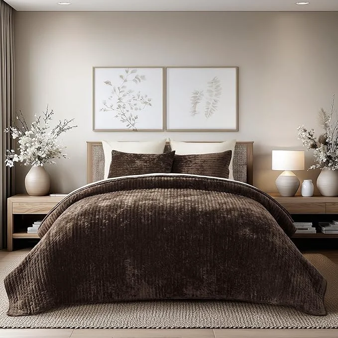 High-Quality EVERGRACE Velvet Quilt Set Queen Size Luxurious Soft Striped Channel Bedding Top-Quality