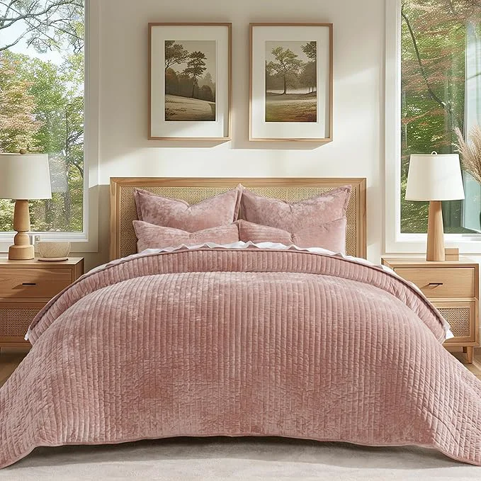 Sophisticated EverGrace Velvet Quilt Set Queen Size Luxurious Soft Striped Channel Bedding Superior
