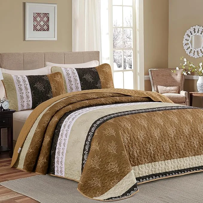 Detailed DJY Brown Quilt Set Queen Striped Bedspread Coverlet Set 3 Pieces Boho Branch Pure