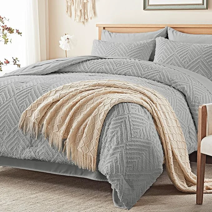 Consistent Zzlpp King Comforter Set 7 Pieces Light Grey Tufted Bed in a Bag Solid