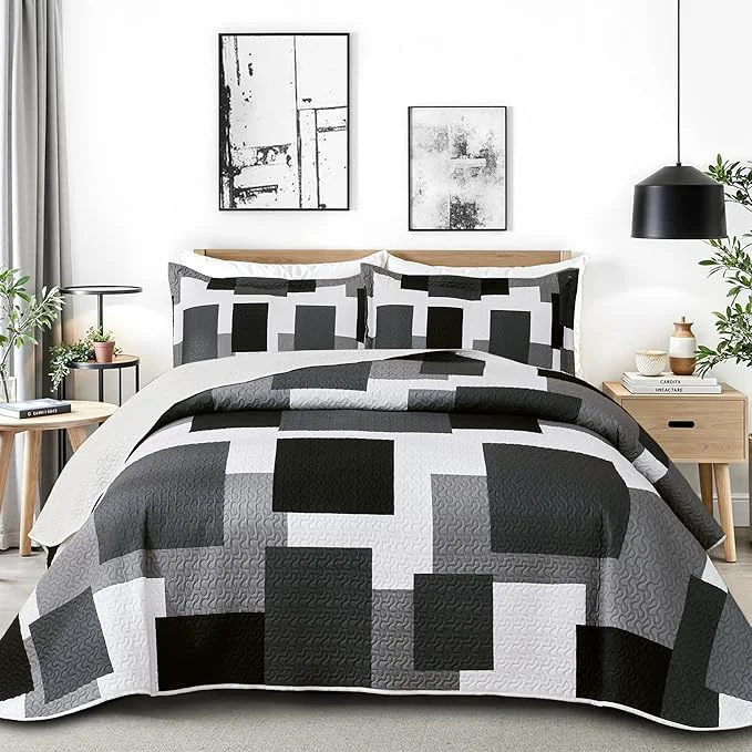 Excellent Tyrot 3 Piece Black Grey Quilt Set King Size Black White Gray Geometric Sophisticated
