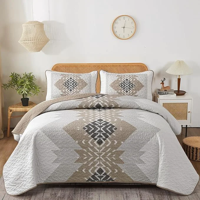 Easy-to-Use Dintszyayue Brown Boho Quilt Set King 3 Pieces Aztec Texture Quilt Elite