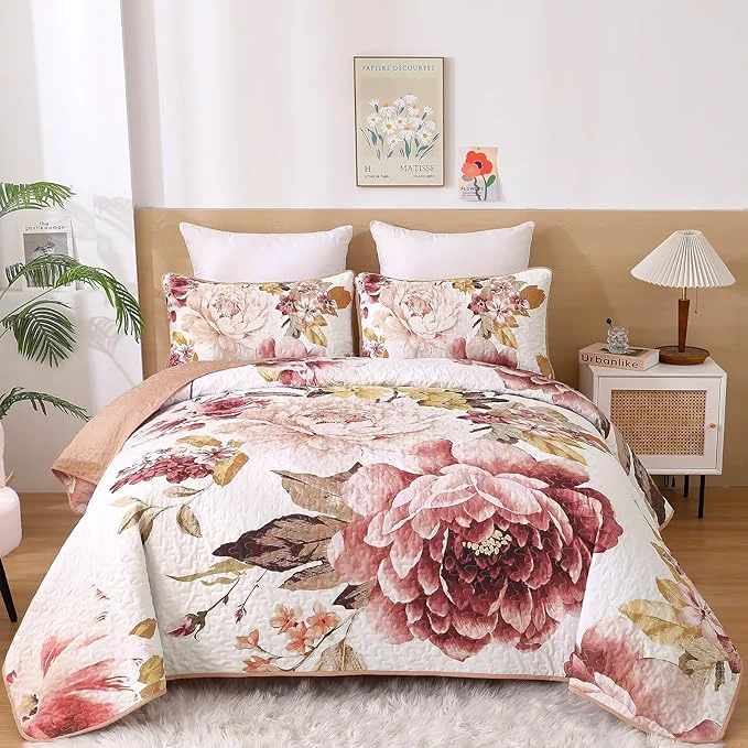 Carefully Designed WONGS BEDDING Floral Quilt Set King 3 Pieces Elegant Blush Flower Bedspread Sophisticated