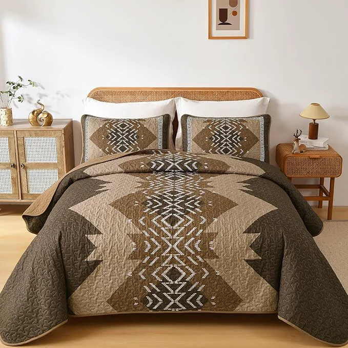 Exclusive Dintszyayue Brown Quilt Set King Size Boho Aztec Texture Bedspread Coverlet Set Professional