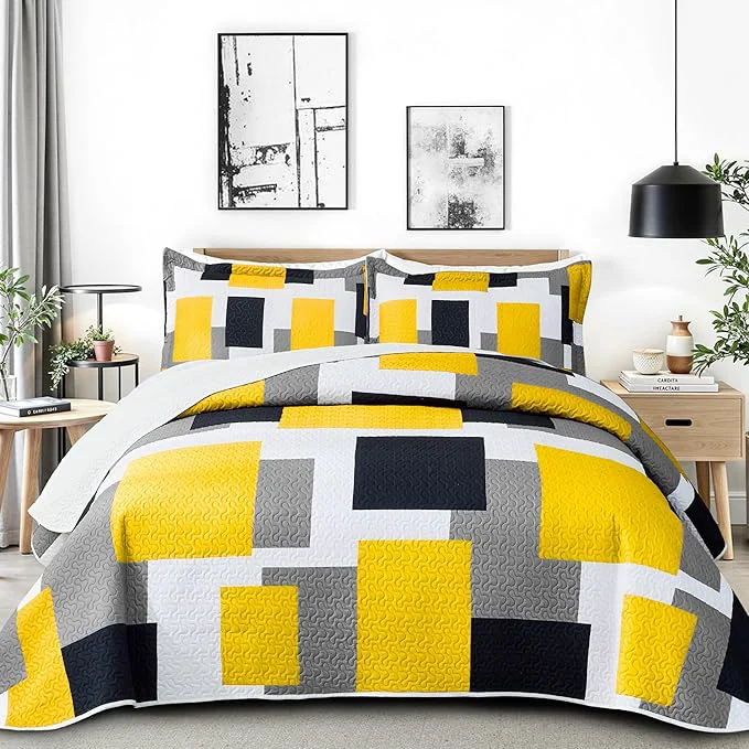 Verified Tyrot 3 Piece Yellow Grey Quilt Set King Size Yellow Gray White Geometric Selected