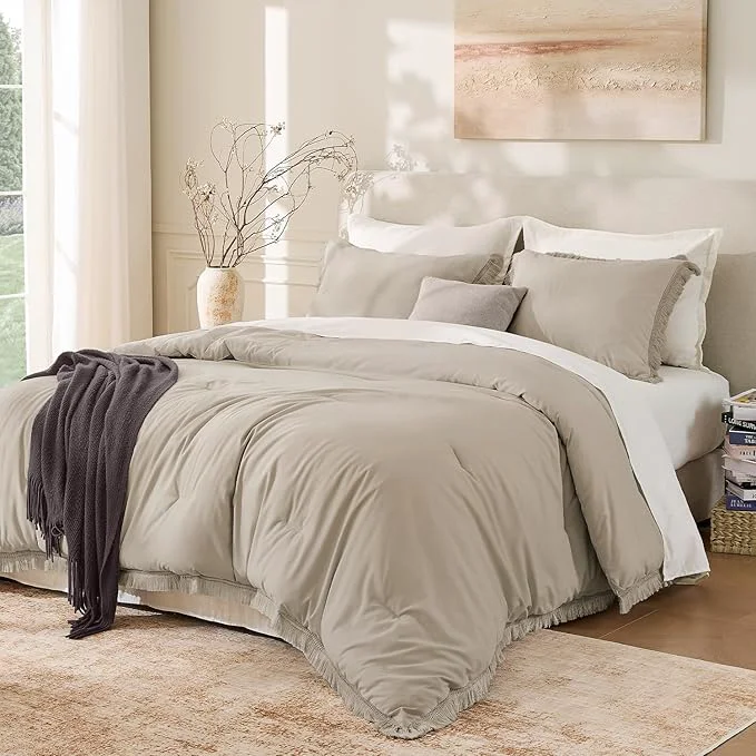 Flexible Andency Oatmeal Comforter Set Twin Size 2 Pieces Boho Tassel Lightweight Long-Lasting