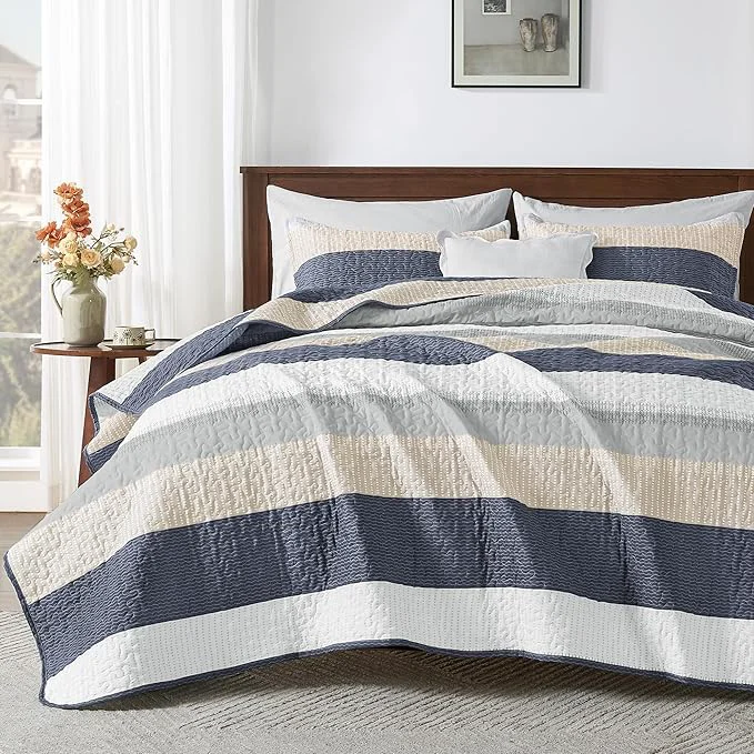 Easy-to-Use Andency Queen Quilt Bedding Set Yellow Blue 3 Pieces Patchwork Summer Striped Durable