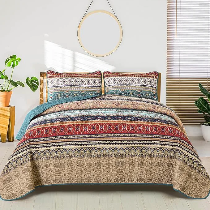 Durable WONGS BEDDING Boho King Quilt Set Lightweight Microfiber Bed Decor Bedspread Versatile