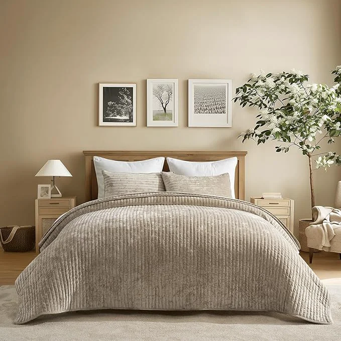 Pure EVERGRACE Velvet Quilt Set Queen Size Luxurious Soft Striped Channel Bedding Durable