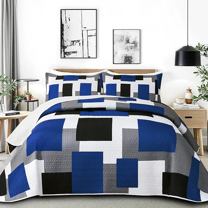 Fashionable Tyrot 3 Piece Blue White Grey Quilt Set Full Queen Size Black White Geometric Recyclable