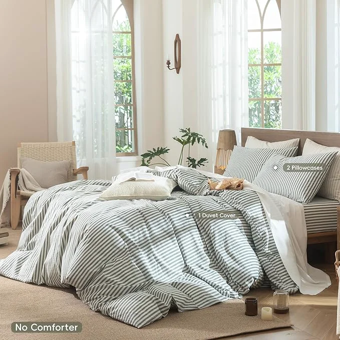 Certified MooMee Striped Duvet Cover Set Washed Cotton Linen Like Textured Breathable