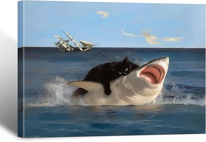 Crafted BFKDKG Framed Black Cat Wall Art Abstract Black Cat Shark Poster Funny quirky Pure