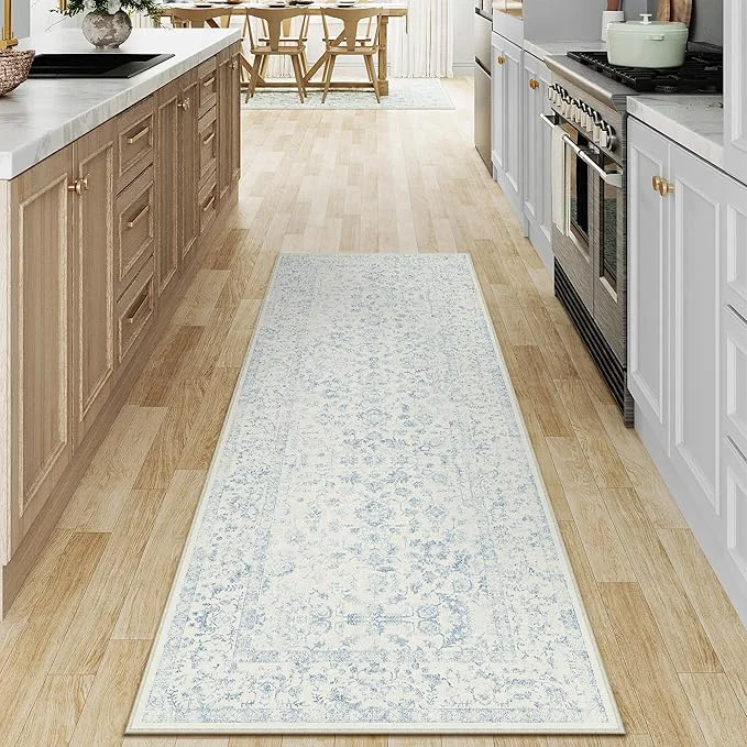 Solid 2×6 Blue Runner Rug Hallway Non Slip Kitchen Vintage Distressed Long Carpet Functional