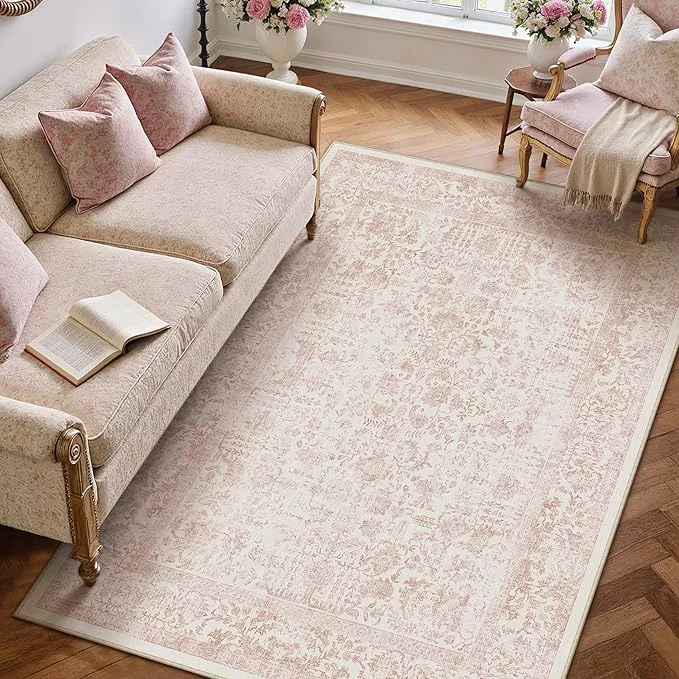 Smooth Pink Area Rug 4×6 Office Entryway Rug Machine Washable Kitchen Vintage Sustainable