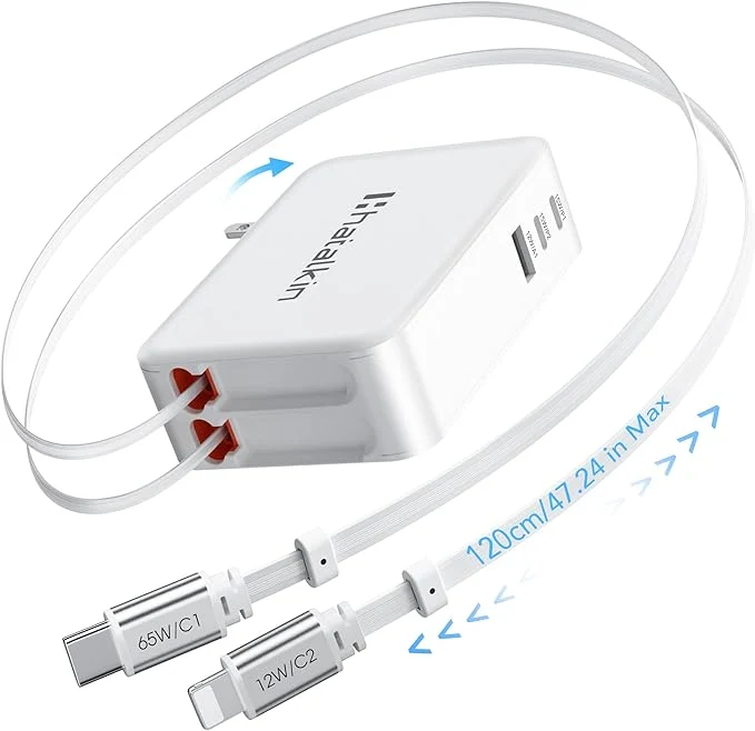 Fine Crafted 65W for MacBook Pro Charger 5-in-1 Retractable Wall Charger Plug for iPhone 17 Original Design