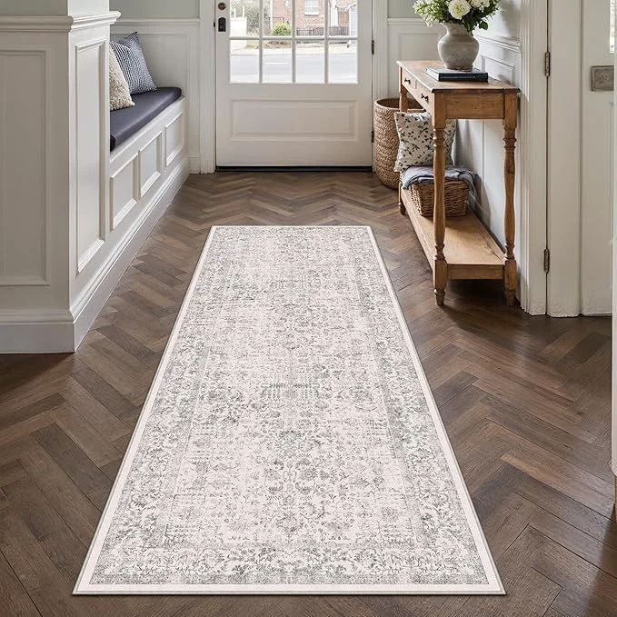 High-End Gray Runner Rug 2×7 Hallway Machine Washable Kitchen Vintage Distressed Non Official