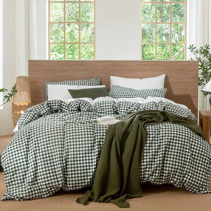 Optimized MooMee Gingham Duvet Cover Set Washed Cotton Linen Like Textured Flexible