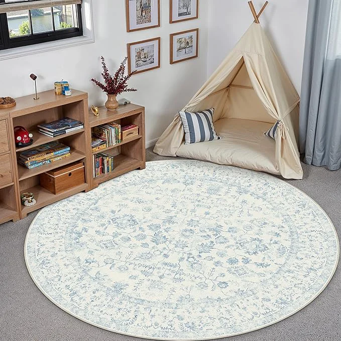Refined 4ft Blue Round Area Rug Entryway Door Mat Small Circle 4×4 Kitchen Vintage Certified