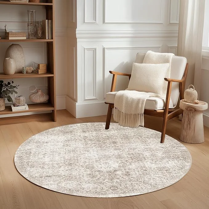 Optimized FMFUNCTEX 4ft Round Washable Area Rug Beige Vintage Neutral Distressed Small Clean