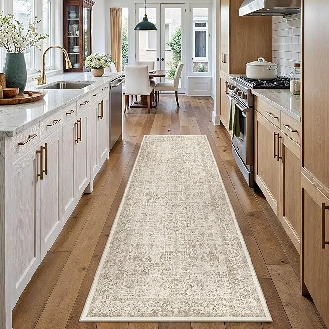 Minimalist Light Brown Runner Rug 2×7 Hallway Machine Washable Kitchen Vintage Distressed Recyclable