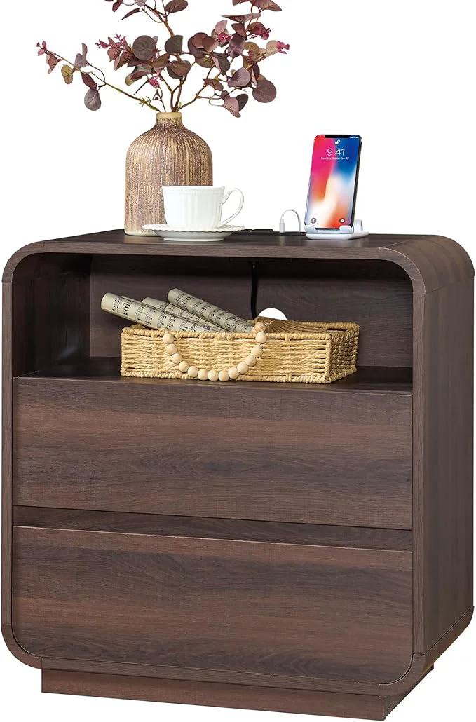Functional Modern Walnut Nightstand 2 Storage Drawers Side Table Curved Profile Eco-Friendly