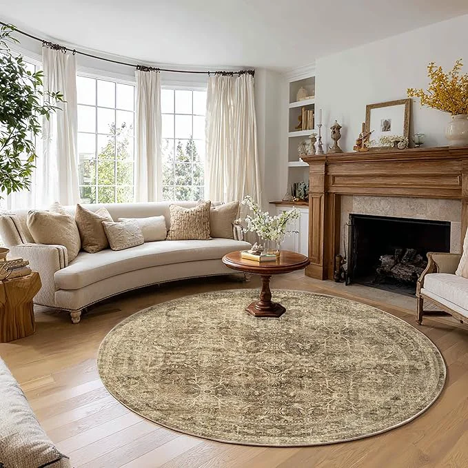 Functional FMFUNCTEX 6ft Round Washable Area Rug Brown Vintage Neutral Distressed Non Slip World-Class