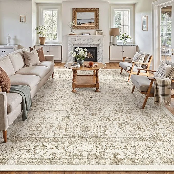 Exclusive Light Brown Area Rug 10×14 Machine Washable Large Vintage Living Room Luxury