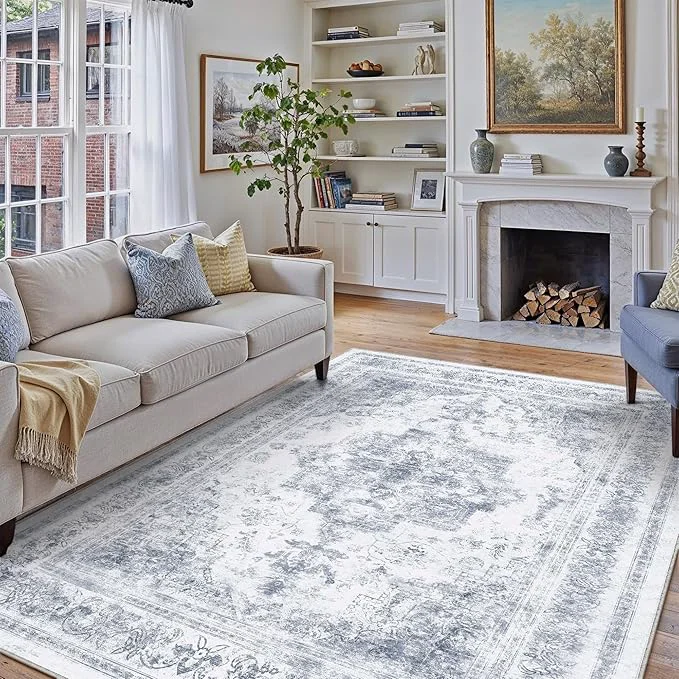Long-Lasting Washable Rug 8×10 Area Rug for Living Room Blue Vintage Boho Medallion Large Original