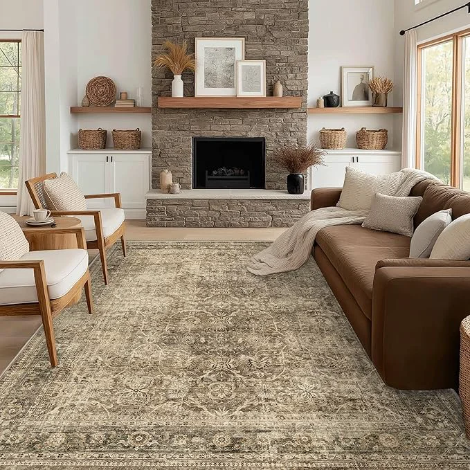 Expertly Made FMFUNCTEX 8×10 Washable Area Rug Brown Vintage Neutral Distressed Large Non Green