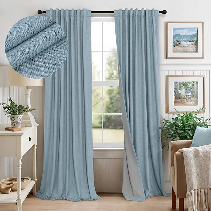 World-Class Slate Blue Curtains 108 Inches Long 2 Panel Burg Blackout Boho Linen Responsible