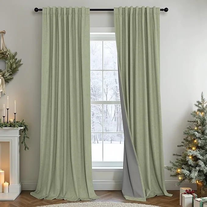 Minimalist 102 Inch Curtains Blackout Sage Green Christmas Decoration Black Out Linen Breathable
