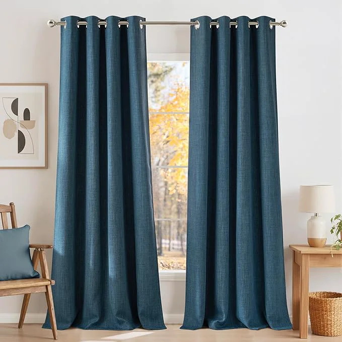 Expertly Made NICETOWN Faux Linen Stone Blue Blackout Curtains 84 inches Long Breathable