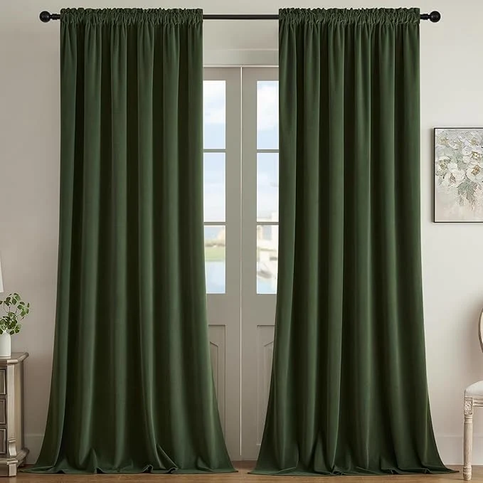Certified Joydeco Olive Green Velvet Curtains 72 inch Length 2 Panels Luxury Blackout Sophisticated