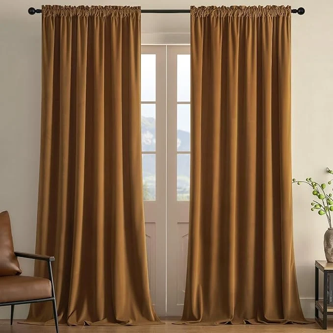 Original Design Joydeco Camel Brown Velvet Curtains 63 inch Length 2 Panels Luxury Blackout Contemporary