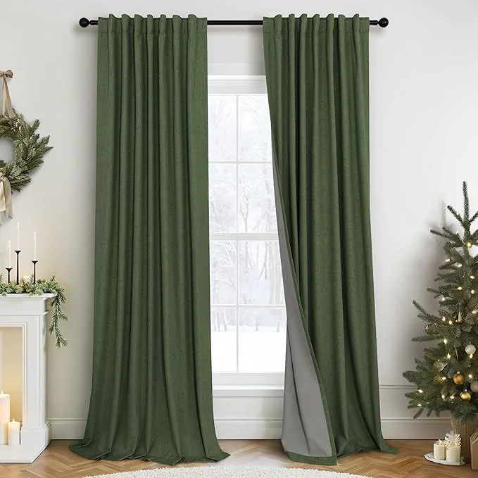 Elegant Olive Green Blackout Curtains for Bedroom 96 Inches Long Floor Length 2 Panel Natural