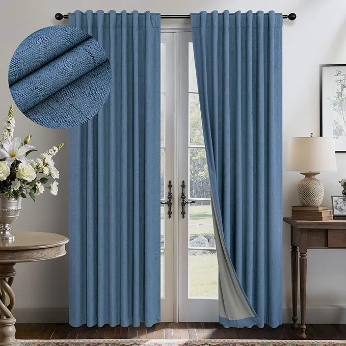 Convenient Denim Blue Living Room Darkening Curtains 72 Inches Long 2 Panels Set Faux Carefully Designed