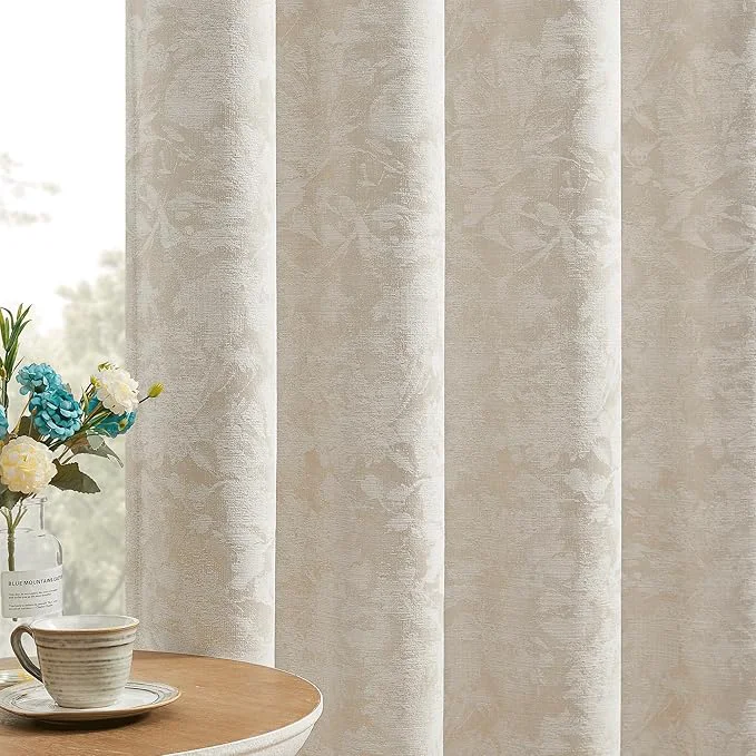 Unique Beauoop Beige Floral Jacquard Blackout Curtains 108 Inches Long 2 Panels Soft