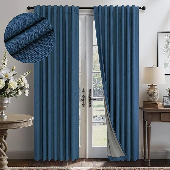 Original Navy Blue Linen Textured Blackout Curtains 72 Inches Long Pure