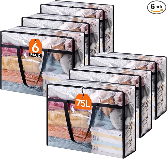 Trendy Lifewit 6 Pack Clear Clothes Storage Bags 75L Large Plastic Blanket Storage Certified