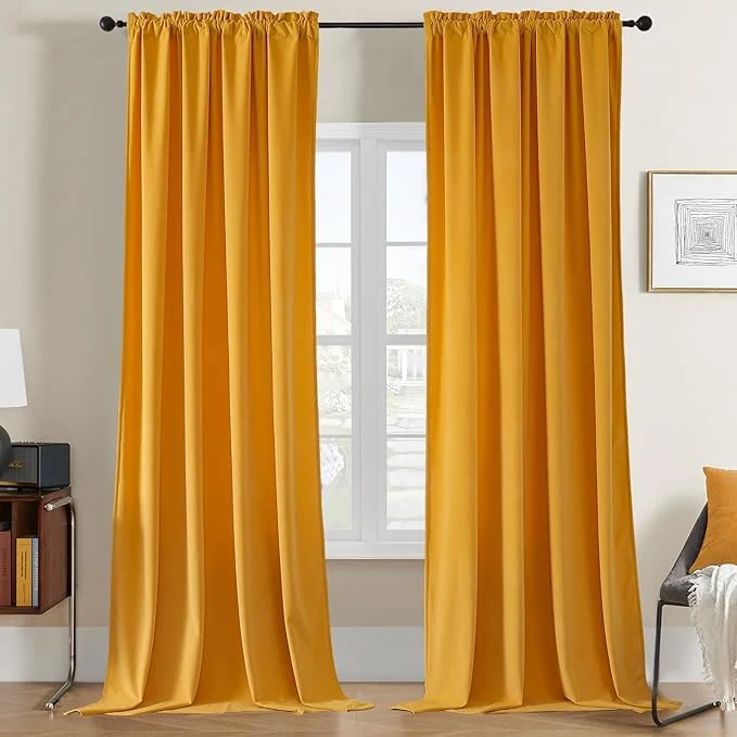 Artisan Joydeco Yellow Velvet Curtains 120 inch Length 2 Panels Luxury Blackout Rod Prestigious