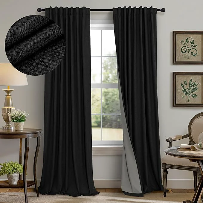 Crafted Black Curtains 84 Inches Long for Bedroom 2 Panel Set Linen Textured Total Healthy