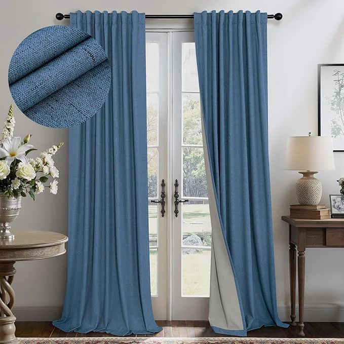 Refined Denim Blue Blackout Curtains Drapes 84 Inch Length 2 Panels Set Faux Linen Reusable